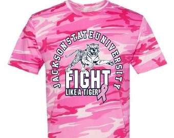 Jackson State Tigers Fight Like A Tiger Camo Short Sleeve T-Shirt, JSU Apparel, JSU Tigers, Breast Cancer Awareness, University, Thee I Love