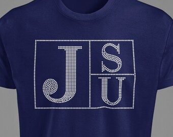 Jackson State University Tigers JSU Block Letter Rhinestone Short Sleeve T-Shirt | JSU Rhinestone Block Letters | JSU Rhinestone Tee