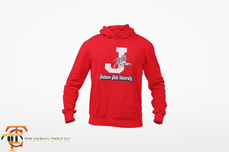 May include: Red hooded sweatshirt with a white letter "J" and a white tiger jumping out of the letter. The text "Jackson State University" is below the letter.