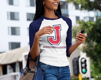 Jackson State Tigers Tri-Color J Ladies Baseball Fine Jersey Three-Quarter Sleeve Raglan Baseball Tee, JSU T-Shirt, JSU Apparel, SWAC Shirt