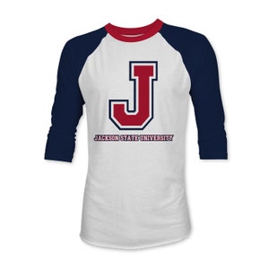 Jackson State Tigers Tri-Color J Unisex Baseball Fine Jersey Three-Quarter Sleeve Raglan Baseball Tee, JSU T-Shirt, JSU Apparel, SWAC Shirt image 1