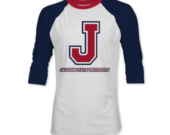 Jackson State Tigers Tri-Color J Unisex Baseball Fine Jersey Three-Quarter Sleeve Raglan Baseball Tee, JSU T-Shirt, JSU Apparel, SWAC Shirt