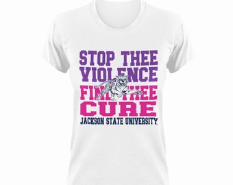 Jackson State Tigers Stop Thee Violence Find Thee Cure Unisex Short Sleeve T-Shirt | Breast Cancer Awareness Domestic Violence T-Shirt