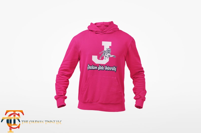 May include: A pink hoodie with a white letter J and a tiger graphic. The text "Jackson State University" is printed below the graphic.