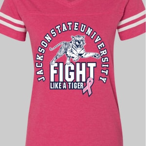 Curvy Women's Jackson State University Fight Like a Tiger Breast Cancer T-Shirt, Breast Cancer Awareness, JSU Pink Out, JSU Apparel, JSU Tee