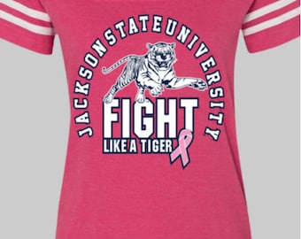 Curvy Women's Jackson State University Fight Like a Tiger Breast Cancer T-Shirt, Breast Cancer Awareness, JSU Pink Out, JSU Apparel, JSU Tee