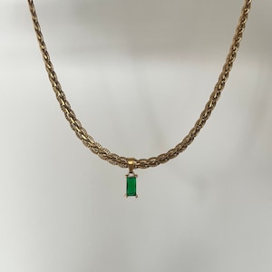 Green Emerald Pendant Necklace - Gold Twisted Chain, Waterproof