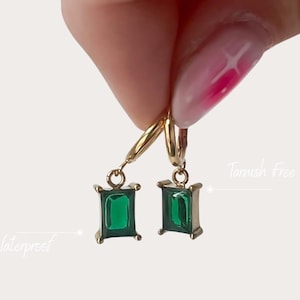 Gold Plated Huggie Hoop Earrings | Emerald Coloured Drop Pendant | Gold Earrings | Minimalist Jewellery | Gift for her | Green Hoops | Hoops