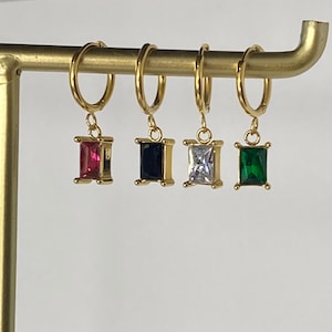Gold plated Huggie hoop earrings, emerald coloured drop pendant  gold earrings, minimalist jewellery gift for her, green hoop earrings