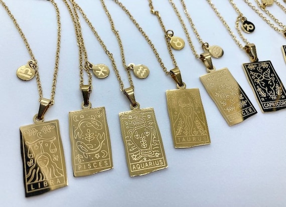 Gold Plated Zodiac Sign Necklace | Gold Tarot Card Necklace