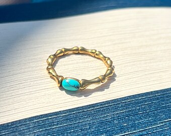 Bague en pierre turquoise • Bague en bambou • Bague dorée • Imperméable et sans ternissement •