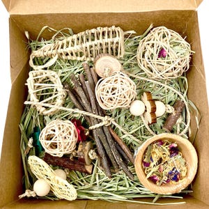 May include: A cardboard box containing a selection of natural pet toys and treats. The box includes woven balls, wooden sticks, dried flowers, and other chewable items. These are arranged on dried grass, providing a natural and stimulating environment for small pets.