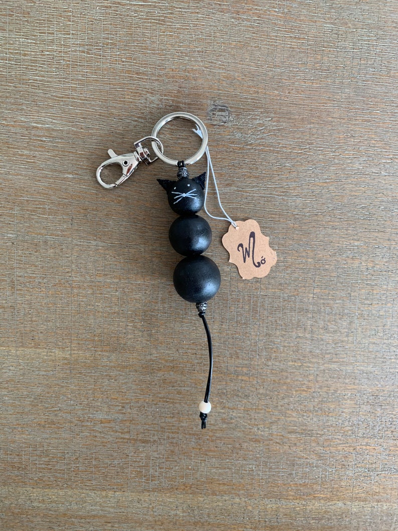 Keychain Wooden beads black cat Keychain ring Etsy