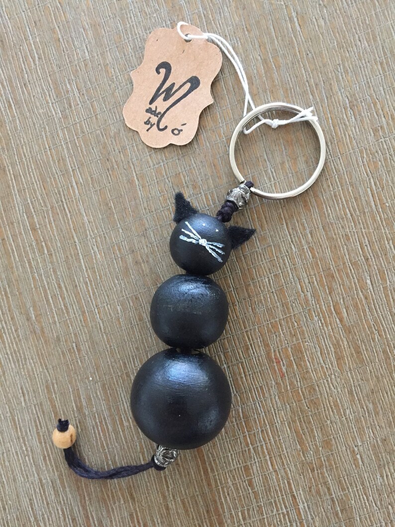 Keychain Wooden beads black cat Keychain ring Etsy