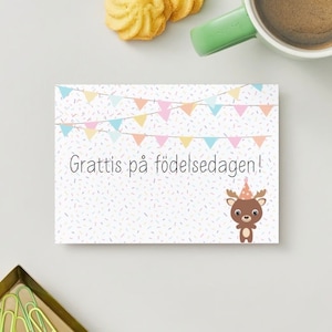 Postkarte “Födelsedag”, Schweden, Schwedisch, Skandinavien, Karte, Grußkarte, Konfetti, Girlande, Feiern, Geburtstag, Glückwünsche