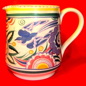 May include: A white ceramic pitcher with a floral design in shades of blue, purple, pink, yellow, and green. The pitcher has a handle and a rounded base.