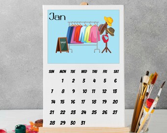 Calendar 2024 Desk Calendar with wooden Easel Stand A6 A5 A4 size watercolour rooms living area Design simple calendar for Christmas Gifts