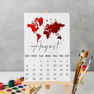Calendar 2025 Desk Calendar with wooden Easel Stand A6 A5 A4 size Office Desk Calendar. World Map Design Watercolours Christmas Gift Ideas