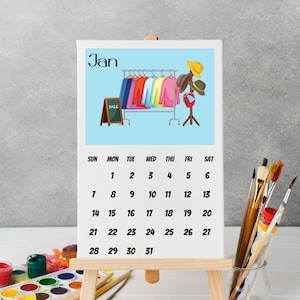 Calendario 2025 Calendario de escritorio con caballete de madera Tamaño A6 A5 A4 Sala de estar de acuarela Diseño de calendario simple para regalos de Navidad