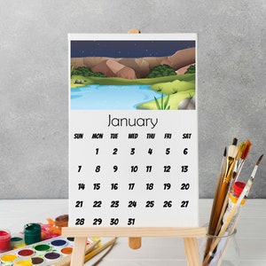 Calendar 2025 Desk Calendar with wooden Easel Stand A6 A5 A4 size Office Desk Calendar Different scenery design on each month Jan - Dec