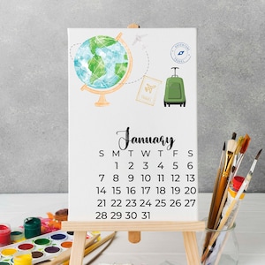 Kalender 2025 Bureaukalender met houten ezelstandaard A6 A5 A4-formaat Kantoor aquarel Traveling the World Ontwerpstijl Kerstcadeau-ideeën
