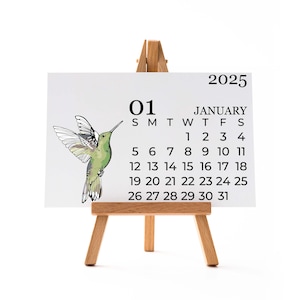 Calendrier 2025, calendrier de bureau avec chevalet en bois, format A6/A5, calendrier de bureau, calendrier de bureau, oiseaux aquarelles, janv. à déc.