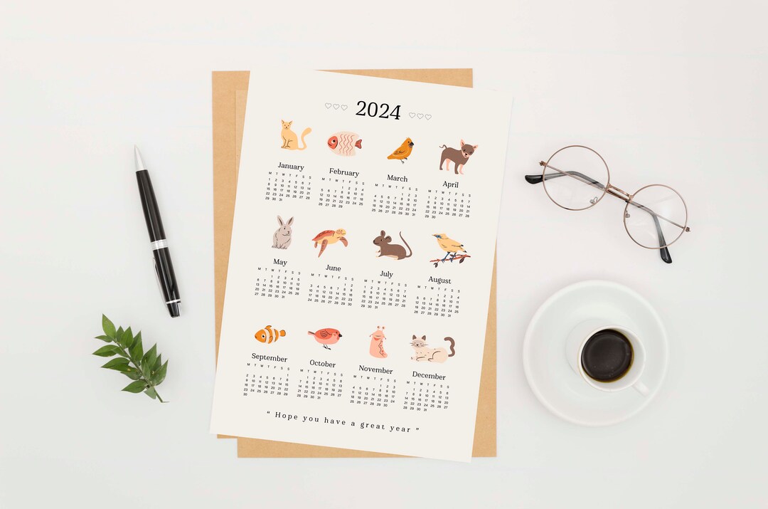 2024 Year Wall Planner Portrait Size Animal Design Calendar. This is ...