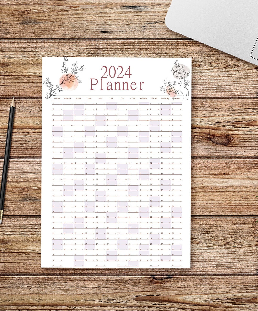 2024 Year Wall Planner Portrait Size Floral Line Art Design - Etsy