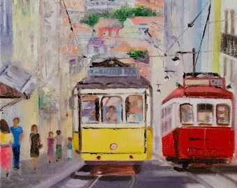 Original Oil Painting on Canvas for wall Art and Home Decor, cityscape of Lisbon for Interior of home
