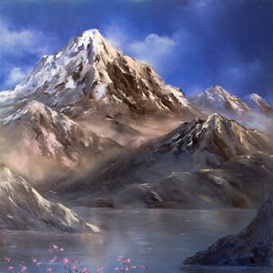 Peinture à l’huile originale sur toile, peinture de paysage naturel impressionniste de montagnes avec des lacs pour l’intérieur de la maison.