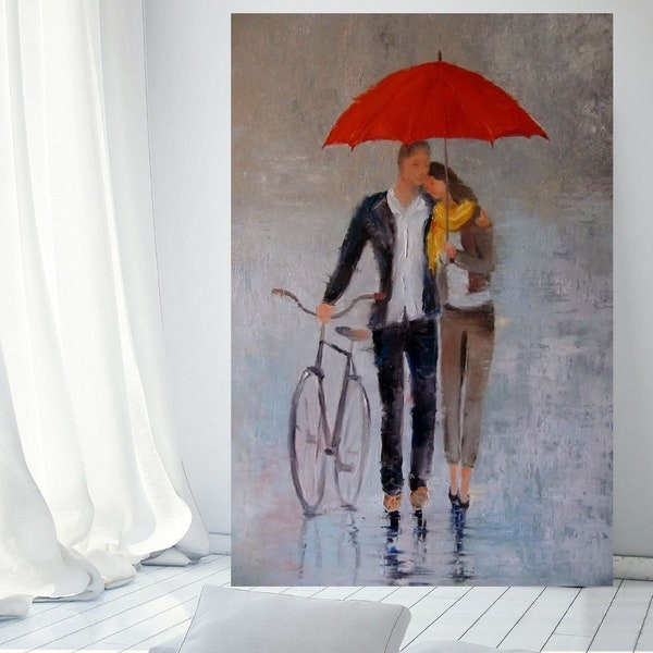 Original Oil Painting on Canvas for wall Art and Home Decor, Romantic style painting for Bedroom Interior Design, Rain.