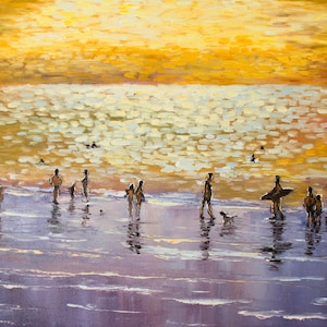 Océan Atlantique Portugal. Peinture à l’huile originale sur toile pour art mural, peinture impressionniste de paysage marin, coucher de soleil sur la plage.