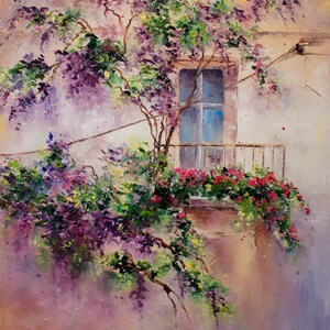 Original Oil Painting on Canvas for wall Art and Home Decor, Impressionist flowers and Window, Mixed Painting by brush and palette knife.