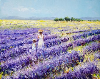 Impressionist Provence Landscape, Original Oil Painting on Canvas for wall Art, Mixed Painting by brush and palette knife, Lavender Painting