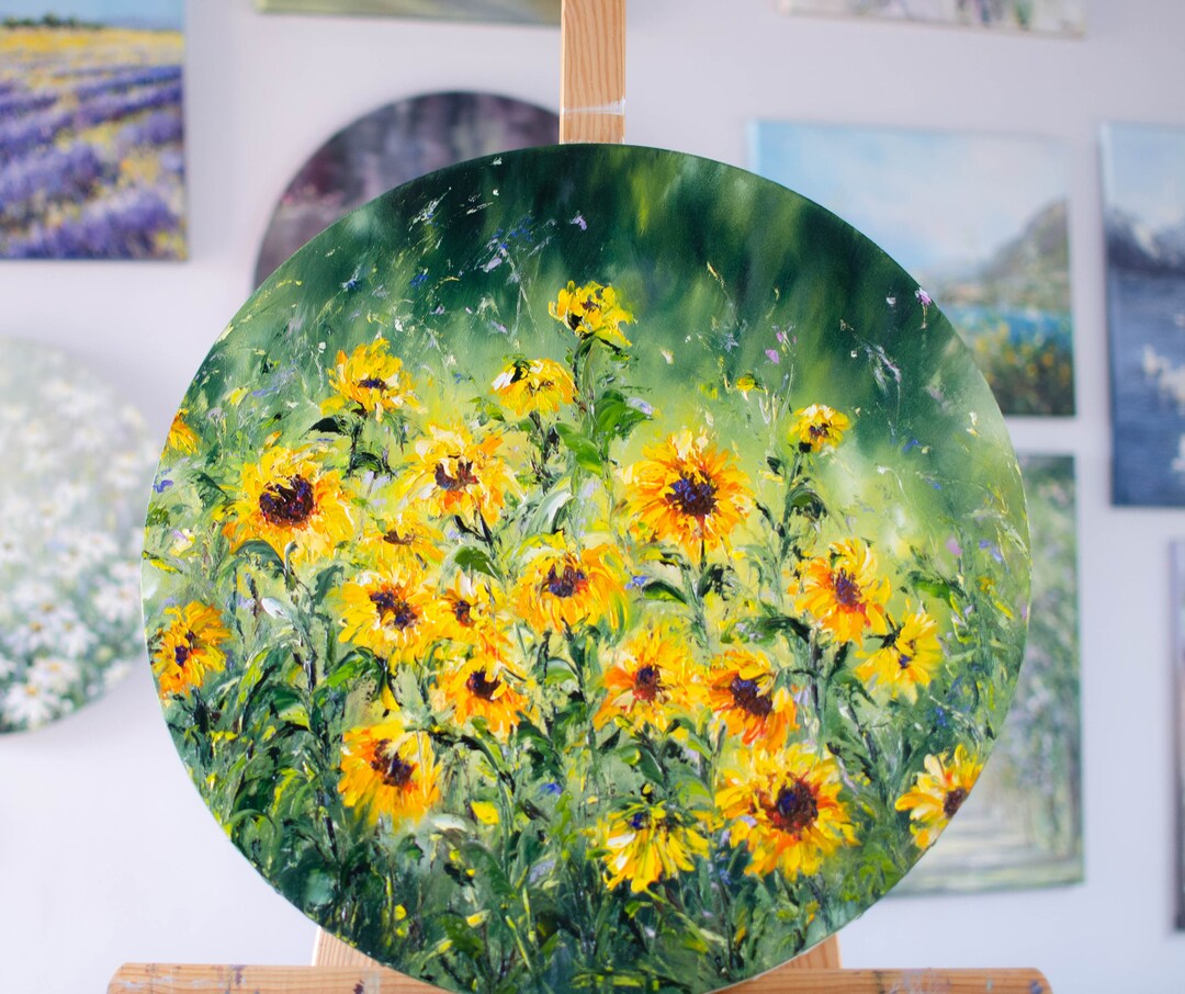 Sunflowers, Original Oil Painting on Round Canvas for Wall Art ...