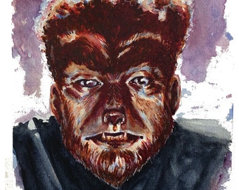 Wolfman // illustration 5x7”, watercolor, Full moon, classic monster, Halloween, werewolf
