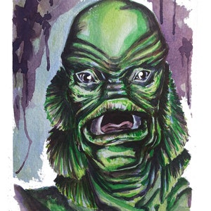 Aus der Tiefe// Illustration 13x18 cm, Aquarell, Horror, Monster, Halloween, Monster aus der schwarzen Lagune, 13x18cm