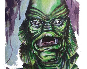 From the depths// illustration 5x7”, watercolor, horror, classic monster, Halloween, creature from the black lagoon
