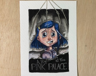 Nightmare at the Pink Palace// illustration 5x7”, watercolor, coraline, nightmare on elm street, the other mother, Neil Gaiman, Freddy