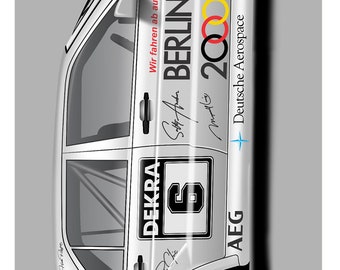 May include: A white race car with the number 6 on the side. The car has sponsors including DEKRA, NOKIA, BRIDGESTONE, and AEG. The car has the text "BERLIN 2000" on the side. The car has several signatures on it.