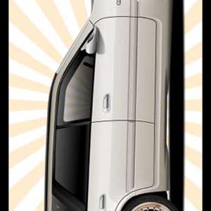 May include: A skateboard deck featuring a white sedan car illustration in profile view. The background displays a cream and white sunburst pattern. The text "TOOL DYE DESIGNS" with a checkered flag icon is printed at the top center of the deck.