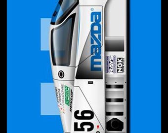 May include: A white and blue graphic of a Mazda race car, featuring the number 56 and sponsor logos. The car has black tires with the Dunlop logo and is set against a blue checkered background.