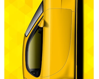 May include: Yellow sports car design on a skateboard deck. The car is a bright yellow with gold-colored wheels, set against a geometric yellow background. The deck has the text "TOOL AND DYE DESIGNS".