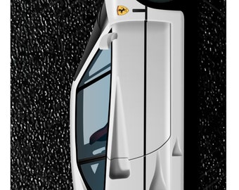 May include: A white Ferrari F40 sports car with black racing stripes and black wheels. The car is on a black and white checkered background with the text "TOOL AND DYE DESIGNS" in white.