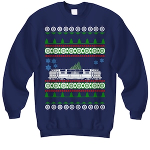 Tren feo suéter de Navidad Navidad puente locomotora ingeniero rieles carga gas transportista mover personas cuello azul modelo constructor