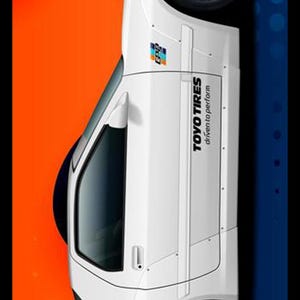May include: White sports car illustration with gold rims and black tires. The car has the text "TOYO TIRES" and "PROXES" on the tires. The background is orange and blue with the text "TOOL DYE DESIGNS".
