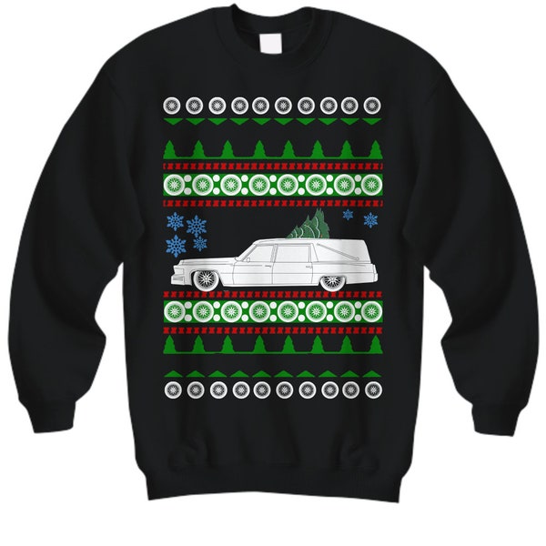 1977 Hearse Ugly Christmas Sweater undertaker station wagon chevy cadillac ford gm gift for car guy