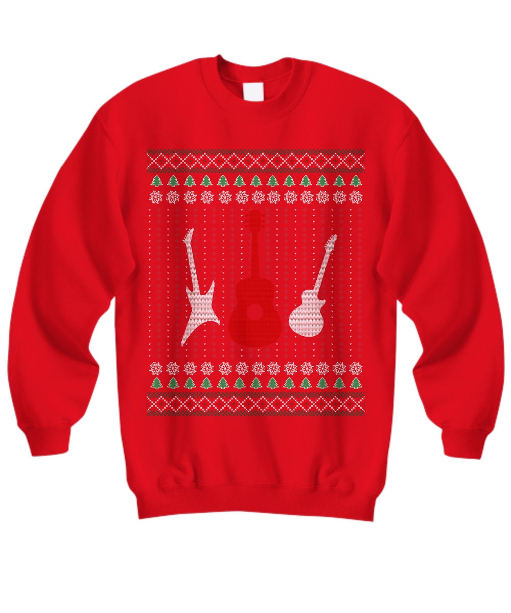 Guitarist Ugly Christmas Sweatshirt | Rock 'n Roll Xmas Guitar Design, Long Sleeve Casual Pullover