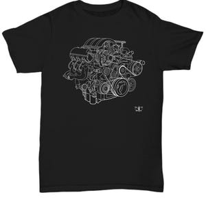 May include: A black t-shirt with a white outline of a car engine on the front. The engine is detailed with belts, pulleys, and hoses.