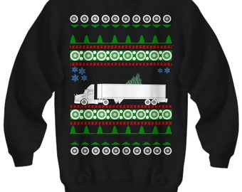 semi truck Ugly Christmas Sweater holiday sweatshirt trucker trucking driver service short haul semi truck dump truck cdl lumber blue collar